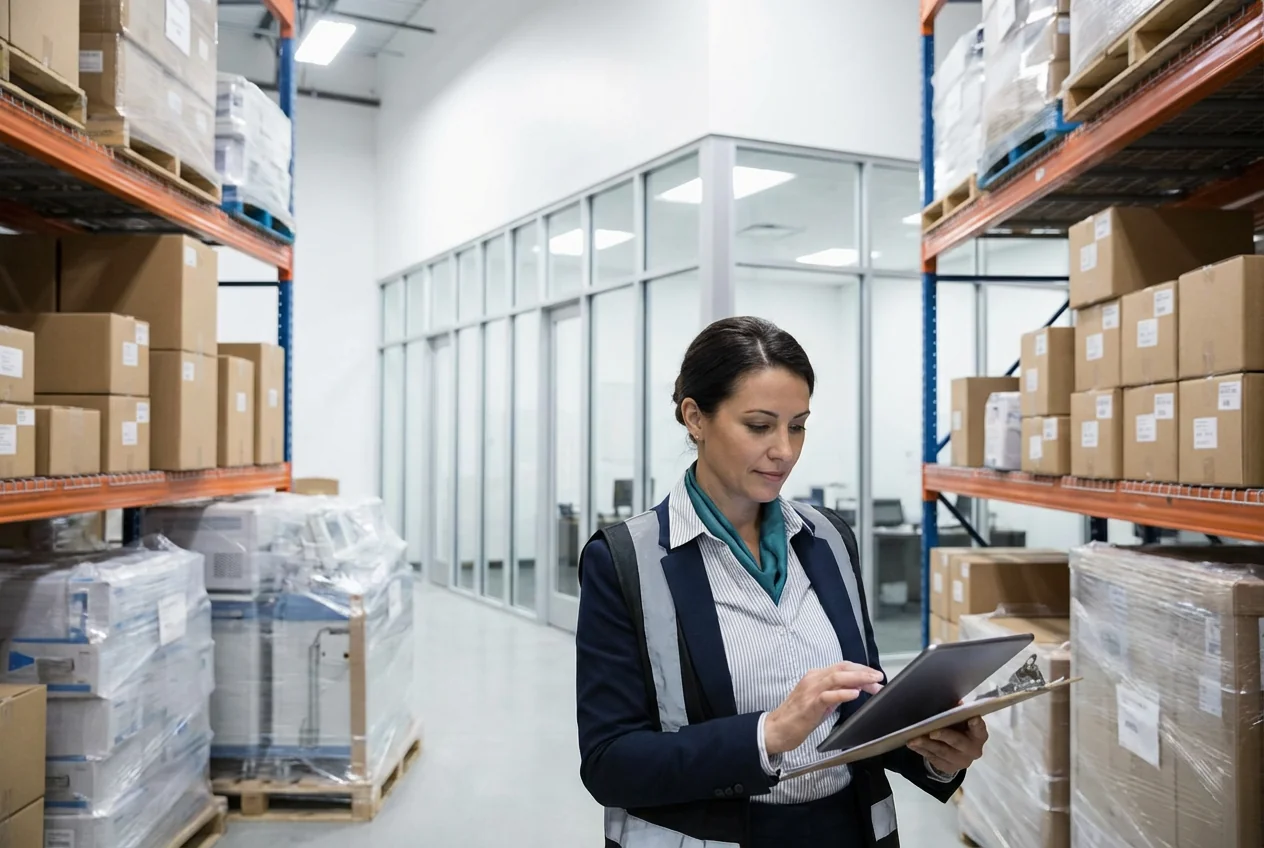 woman working in a warehouse of a medical device importer company. Without any Logo!