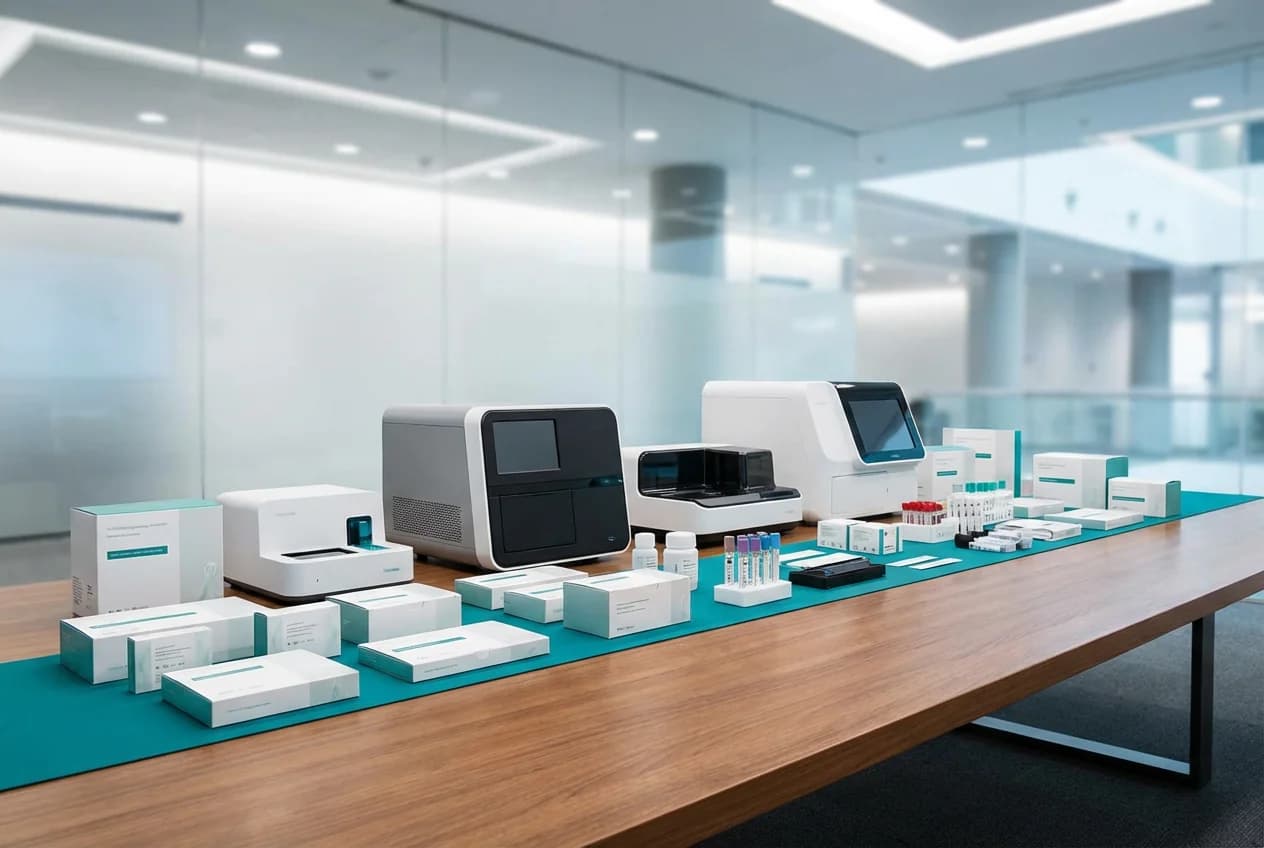 a good detailed view on a bunch of IVD products on a show table. without any people on the picture!