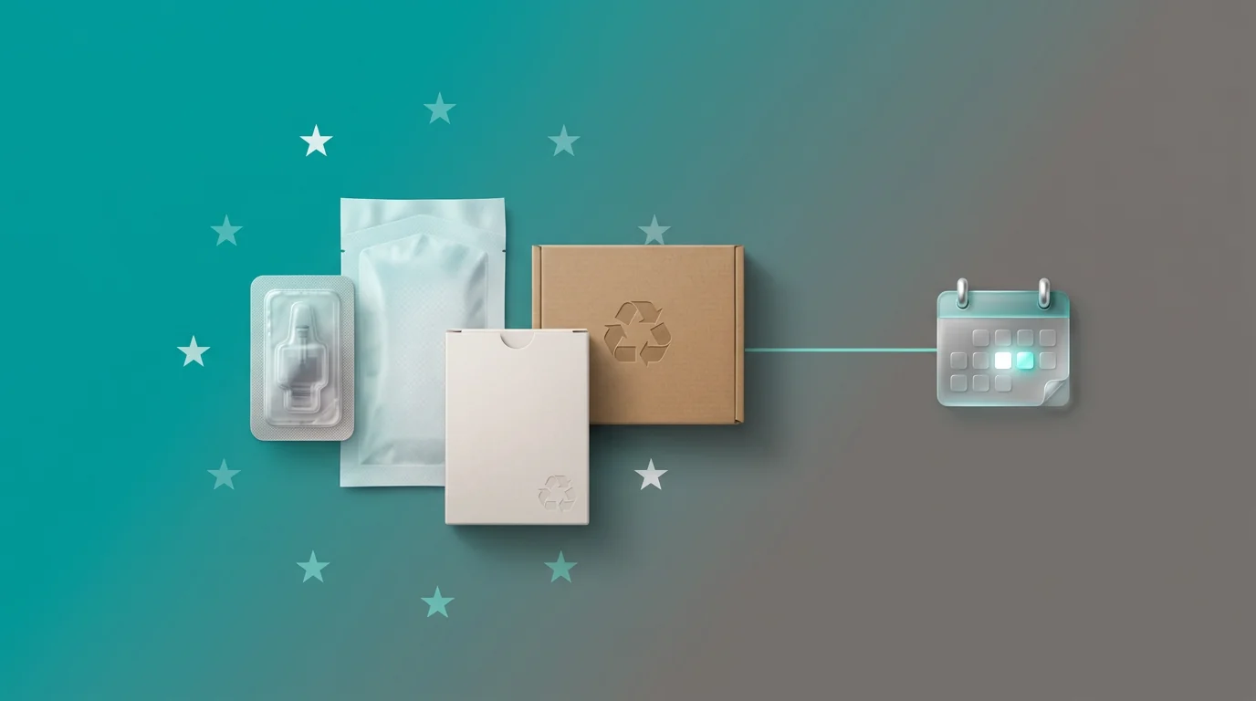 Editorial illustration on a teal-to-gray gradient background: four medical device packaging types arranged together — a sterile blister pack, a sealed sterile pouch, a folding carton box, and a corrugated shipping box. A recycling symbol is embossed on the carton and the shipping box. A thin line connects the packaging group to a small calendar icon on the right, showing one date highlighted in teal. Small stars are scattered across the background, evoking European regulation.