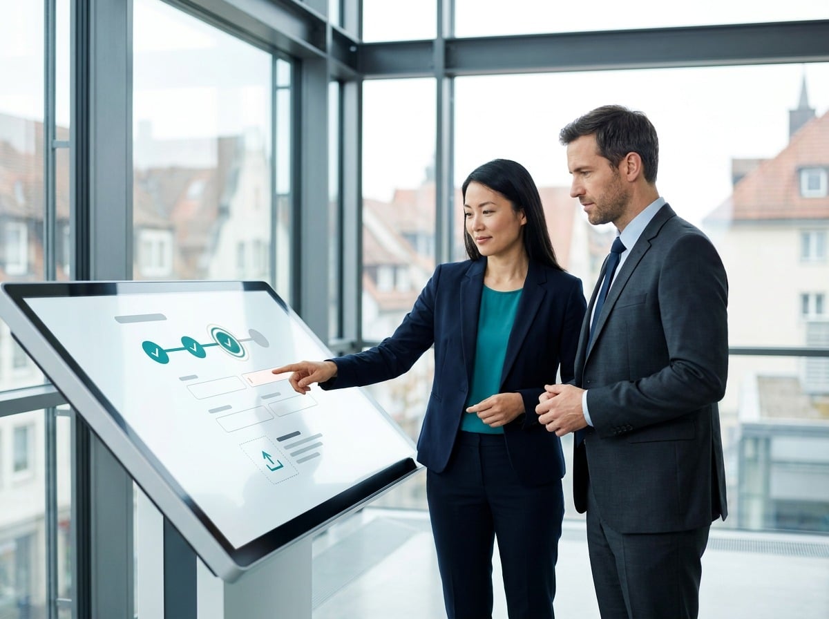 Two regulatory experts reviewing a step-by-step online eudamed registration form on a touchscreen in a bright office